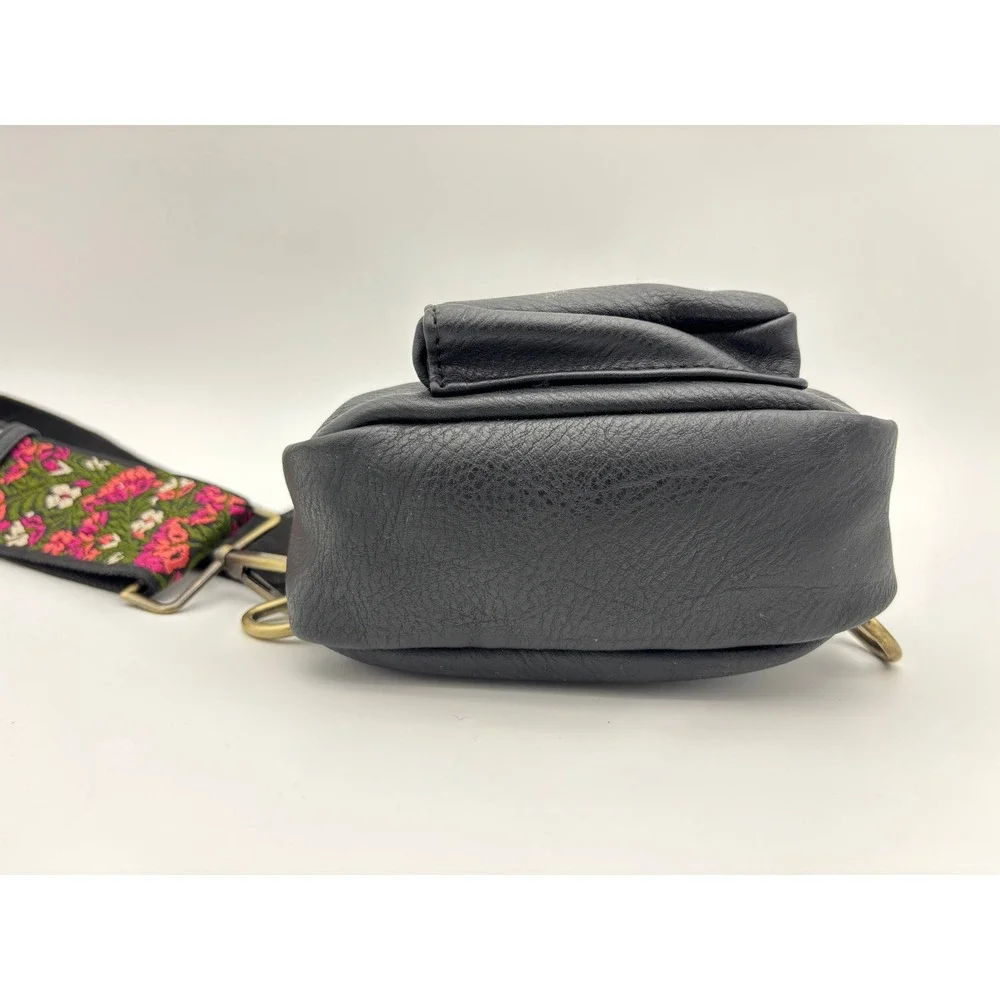 ANTIK KRAFT Black Vegan Leather Crossbody Sling Bag Floral Strap Embroidered